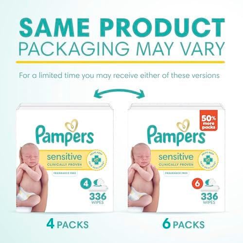 Pampers Baby Wipes Sensitive, Clinically Proven, Fragrance Free, Water Based, Hypoallergenic Baby Wipes, 4X Flip-Top Packs (Count of 336) - 1