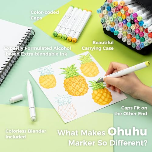 Image of Ohuhu Alcohol Markers Brush Tip-Double Tipped Art Marker Set For Artist Adults Coloring Illustration-72 Colors-Alcohol-Based Refillable Ink-Fine & Brush Dual Tips-Honolulu B Of Markers,Multicolor