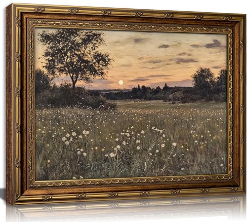 UAWRL Vintage Framed Sunset Wildflower Country Landscape Canvas Wall Art