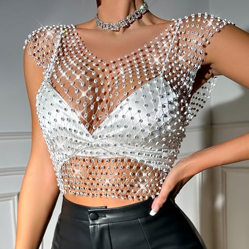 Rhinestone Crystal Crop Top, Sleeveless Mesh Body Chains, See Through Mesh Diamond Fishnet Shirts Outfits2