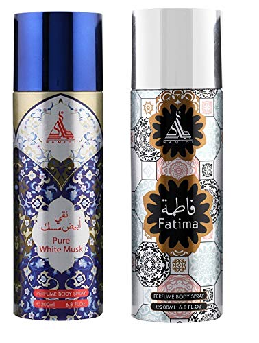 PACK OF 2 PERFUME BODY SPRAY PURE WHITE MUSK + FATIMA BY HAMIDI 200ML/6.7 OZ ALCOHOL FREE LONG LASTING FRAGRANCE UNISEX