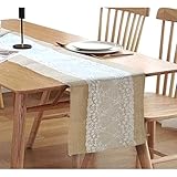 ❤[Hermoso accesorio para boda]: El camino de mesa de arpillera decorado con encaje blanco es muy natural y hermoso. Agregará belleza a la boda.