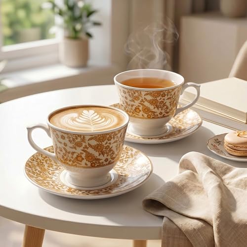 Image of U.P.C.Cup & Saucer Set of 12 Pcs | Royal Gold Floral Printed Bone China Tea Coffee Cup Set | Luxury Crockery | Gift for Home & Kitchen
