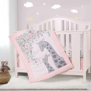 YJM Giraffe Cot Bedding Set for Girls 3pcs, Cot Sheet, Cot Skirt, Cot Quilt Included, Pink Cot Sets