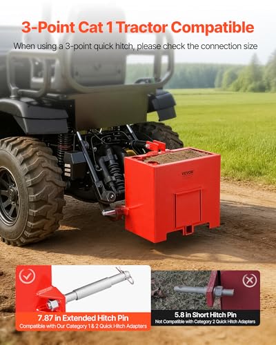 Image of VEVOR Ballast Box, 3-Point Category 1 Tractor Ballast of 800 lbs Capacity, with Standard 2 Inch Hitch Receiver, Heavy-Duty Steel 3.2 ft Large Volume Durable Loader Attachment with Sliding Door, Red
