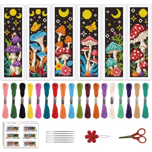 ACRNIGHEET 6PCS Cross Stitch Bookmark Kits Mushroom Pattern Stamped Cross Stitch Kits for Beginners Adults DIY Stamped Embroidery Bookmarks with Instructions Hand Embroidery Craft Gift