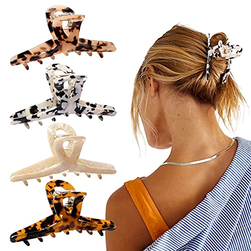 Magicsky 4PCS Hair Claw Clips, Chic Acrylic Celluloid Jaw Clamp Clip, Tortoise Shell Nonslip Bow Crab Barrettes for Thick/Thin Hair, Hair Styling Accessories for Women Girls, Brown Leopard White