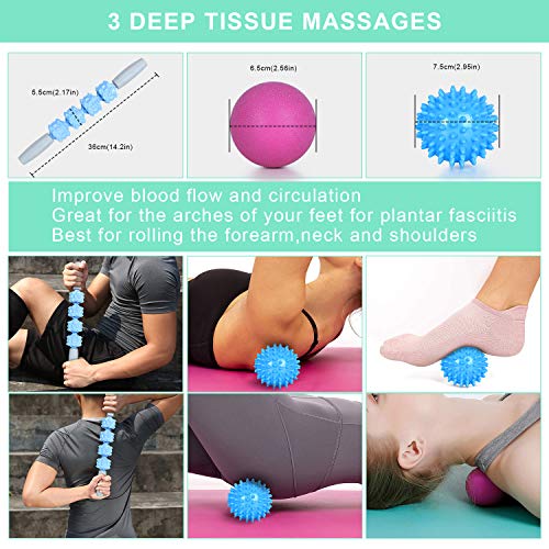 Foam Roller Set (15-in-1), Foam Exercise Roller with Roller Stick, Massage Ball for Muscle Massage and Therapy, include Resistance Exercise Bands, Stretch Strap and Exercise Accessories (Blue Grey)
