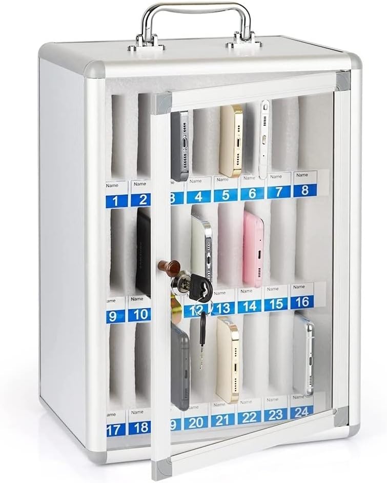 Wall-Mounted Cell Phone Storage Locker, 12-60 Slot Mobile Phone Organizer Box with Lock - Clean Desktop Solution for Offices and Schools (24 Slots)