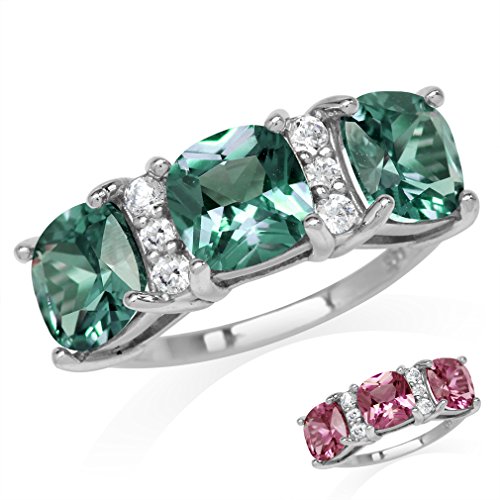 Silvershake 3 Stone Cushion Shape Simulated Color Change Alexandrite White Gold Plated 925 Sterling Silver Ring Size 9