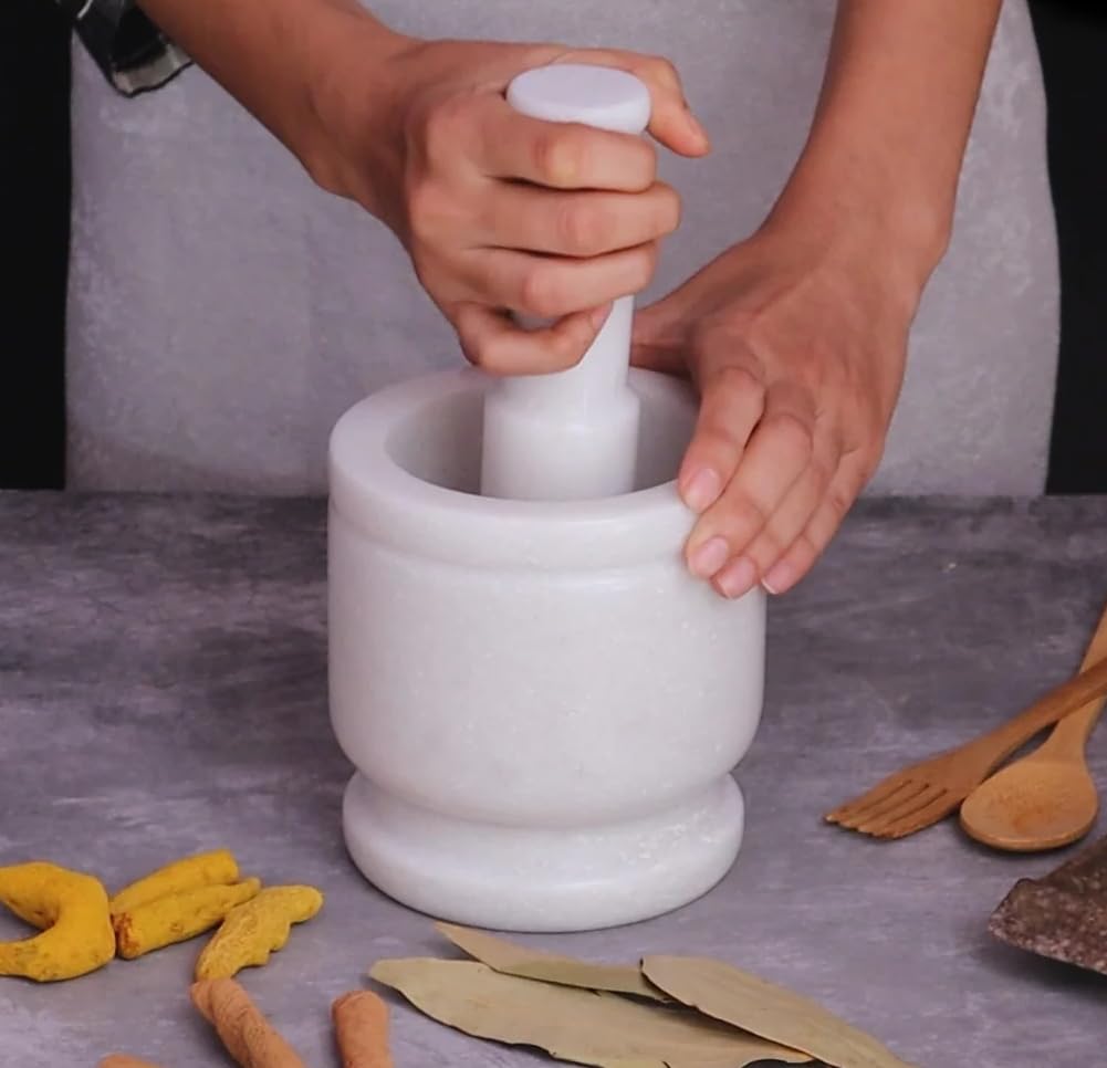 Navishtha Handicrafts Rajasthan Art Large Marble Mortar And Pestle Set Stone Grinder/Khara/Khalbatta/Imam Dasta/Ohkli Musal/Okhli Masher For Kitchen Or Home (5X5 Inch, White) (B09RVWL9PM) Amazon Price History, Amazon Price Tracker