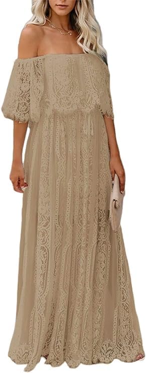 HOYISHION Women's Off The Shoulder Floral Lace Maxi Dress White Bridesmaid Wedding Party Maternity Photoshoot Long Dresses