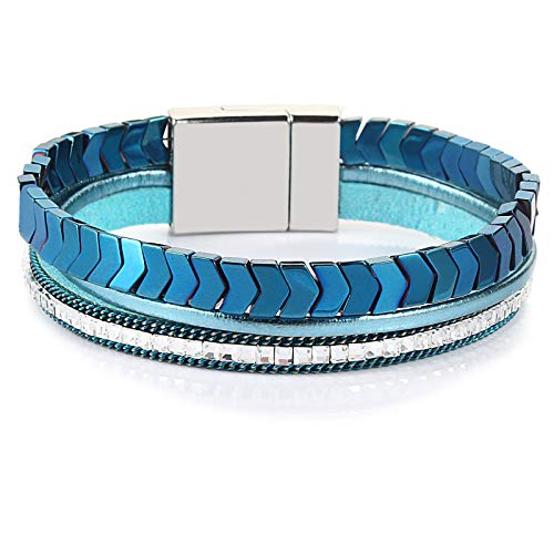 Fancy Shiny Hematite Leather Wrap Bracelets Beaded Healing Stone Cuff Bracelet Rhinestone Boho Jewelry Gift For Women With Clasp(Blue) #TOP7