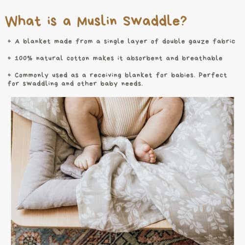 Image of Mini Wander Swaddles for Newborns Muslin Swaddle Blankets - Breathable Soft Gender Neutral Receiving Blanket Baby Essentials | 47 x 47 Cotton - Leafy Sprig (Gray)