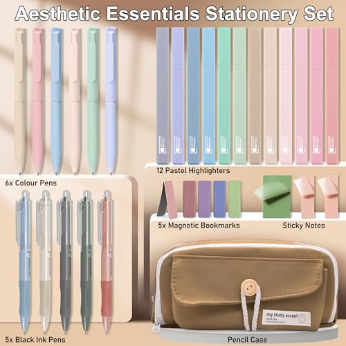 COZCLAM 32pcs Aesthetic Stationery Supplies with Brown Pen Case, 12 Pastel Highlighters, 6 Colour Pens, 5 Black Pens - Image 2