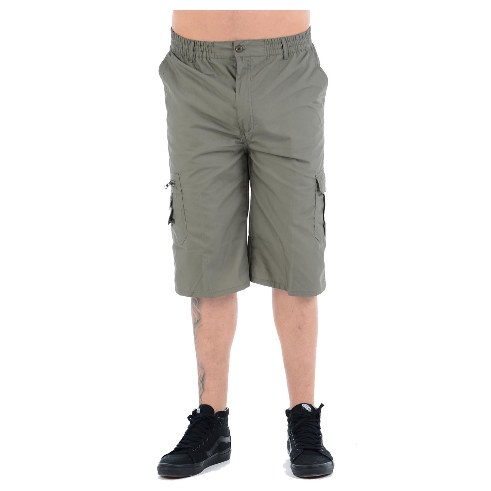 MyShoeStore Men's Cargo Shorts Three Quarter Length Twill Fabric with 6 Pockets Elasticated Waist Drawstring Flat Front, Olive, 4XL