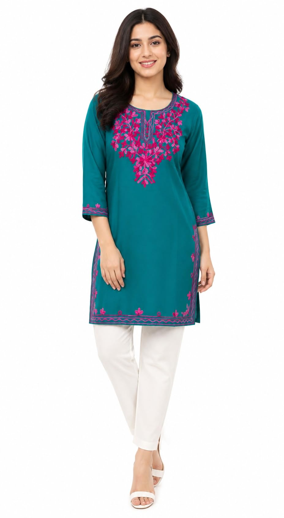 Women Kurti Cotton Blend Floral Chikankari Embroidery Mid Thigh Length, 3/4 Sleeves Casual-picture-45