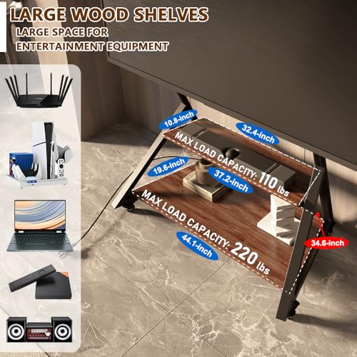 Image of Rolling TV Stand with Power Outlet, Mobile TV Stand on Wheels with Wood Shelf for 55 to 100 inch Television, Height Adjustable Portable Black TV Cart, Holds up to 220LBS, Vesa 800x600mm.