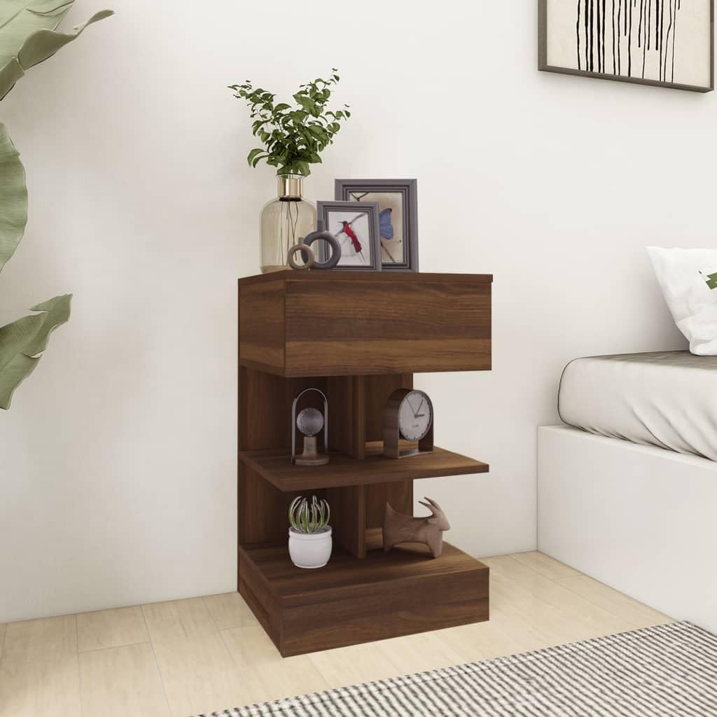Mesita de noche, marrón, aspecto roble, 40 x 35 x 65 cm, material a base de madera con soporte de pared, espacio de almacenamiento y tablero resistente para armario auxiliar o mesa auxiliar