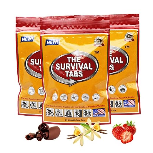 Survival food supply 6 Days Food Supply 72 Tabs Emergency Food Replacement Disaster Preparedness for Earthquake Flood Tsunami Gluten Free & Non-GMO 25 Years Shelf Life Long Term Food Storage Light Weight No Special Storage Ready To Eat Strawberry Chocolates Vanilla Malt