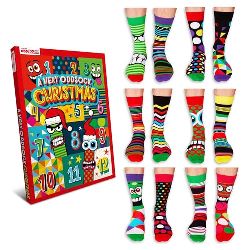 United Oddsocks A Very Oddsock Christmas - 12 Mix & Match Novelty Socks Advent Calendar for Men - UK Size 611 EUR 3946 US 712 - Festive Calf-Length Gift Set with Bold Colours & Fun Characters