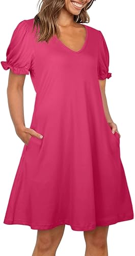 Miniatura 2 de Aloodor Vestido casual de manga corta con cuello en V y bolsillos para mujer