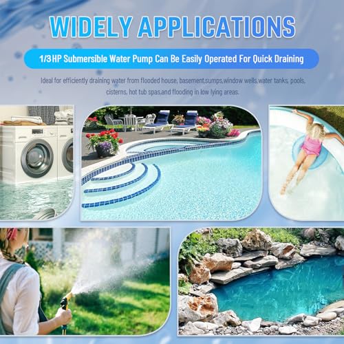 Image of 1 /3 HP Submersible Water Pump 2000 GPH Portable Small Sump Pump For Pool Cover, Basements, Puddles, Gardens Ponds With 16.4 Ft Power Cord and Hose Adapters, Sky Blue