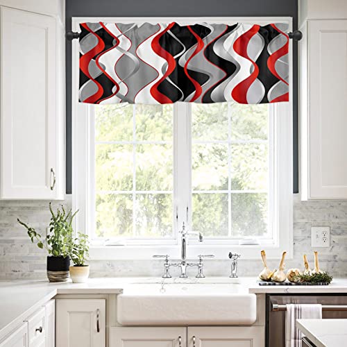 Red Black Grey Curtains Valances, White Moire Geometric Short Curtain Window Treatment With Rod Pocket, Modern Abstract Art Kitchen Valance Curtains For Living Room Bedroom Bathroom Cafe 54"X18" #TOP1