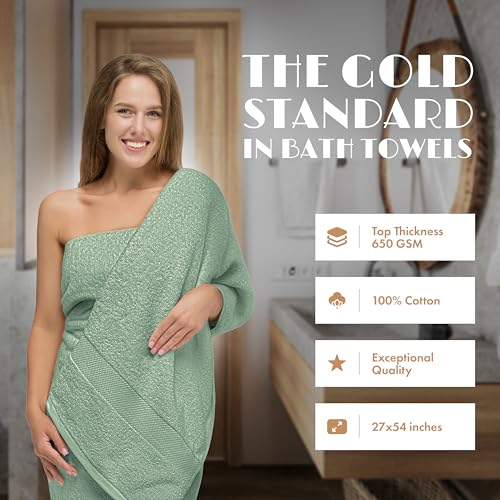 Image of White Classic Green Bath Towels 27x54 Inch, Cotton Towel Set for Bathroom, Hotel, Gym, Spa, Soft Extra Absorbent Quick Dry 4 Pack