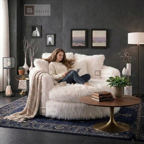 Image of SOFALIZE - Modern Barrel Accent with Pillows Round Sofa Combines Contemporary Design Oversize Arm Chair Cozy Club Chair for Bedroom, Living Room, Lounge, Hotel & Office, Hallways (White Far Fabric)