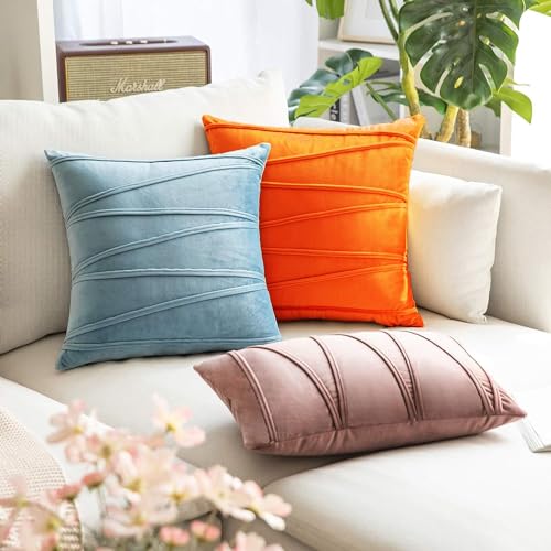 Image of Khooti Velvet Striped Cushion Cover Pack of 1-30 inch x 30 inch / 76 x 76 cm | Orange | Soft Pillow Covers Cushion Case for Sofa Bedroom Livingroom Chair Car, Cushion Cover with Zig Zag Pattern