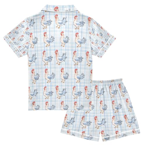 senya Blue Grid Rooster Satin Summer Pajama Sets Silk Short Sleeve Button Down Sleepwear2