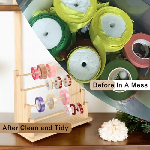 Image of Homakover 4 Tier Wooden Ribbon Organizer Rack, Large Capacity Ribbon Holder for Ribbon Spool, Washi Tape Storage Organizer, Wooden Sewing Organizer Display Shelf for Craft Room,Cake Shop,Flower Store