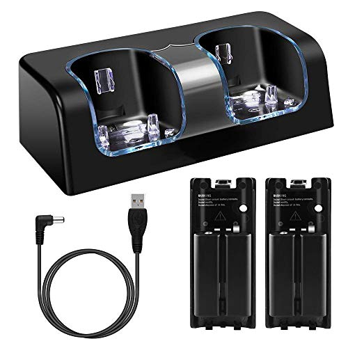 Wii Charging Station for Remote Controller, Dual Charger Dock with 2 Rechargeable Batteries LED Indicator USB Charging Cord -Black