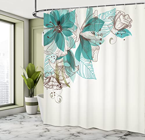 ABAKUHAUS Turquoise Shower Curtain, Flowers Buds Leaf at the top Left Corner Season Celebrating Theme - Image 4