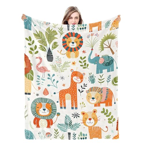 Image of Naniopick Cartoon Jungle Animals Throw Blanket Gifts for Kids, 340GSM Lion Tiger Themed Gifts,50"x60"Christmas Birthday Gifts for Girls Boys, Safari Animals Throw Decor for Home Bedroom Couch