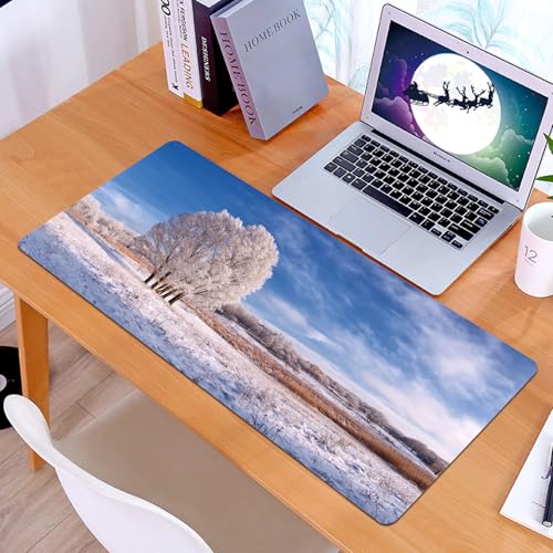 KDWJS Gaming Mouse Pad Mouse Mat - 35.5 x 16 in - XXL mousepad - Table mat large size - improved precision and speed - Winter landscape with frozen tree in field and blue sky with clouds