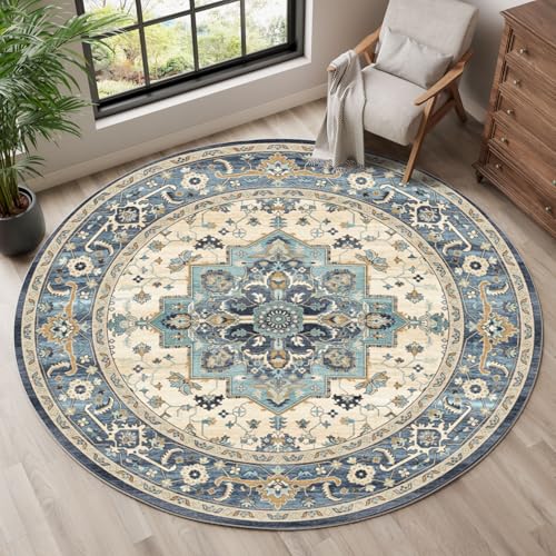Dripex Vintage Round Rug-5ft Distressed Washable Rugs for Living Room Indoor Soft Non-Slip Circle Rugs for Kitchen Dining Room Floral Print Low-Pile Carpet Farmhouse Office Home Decor