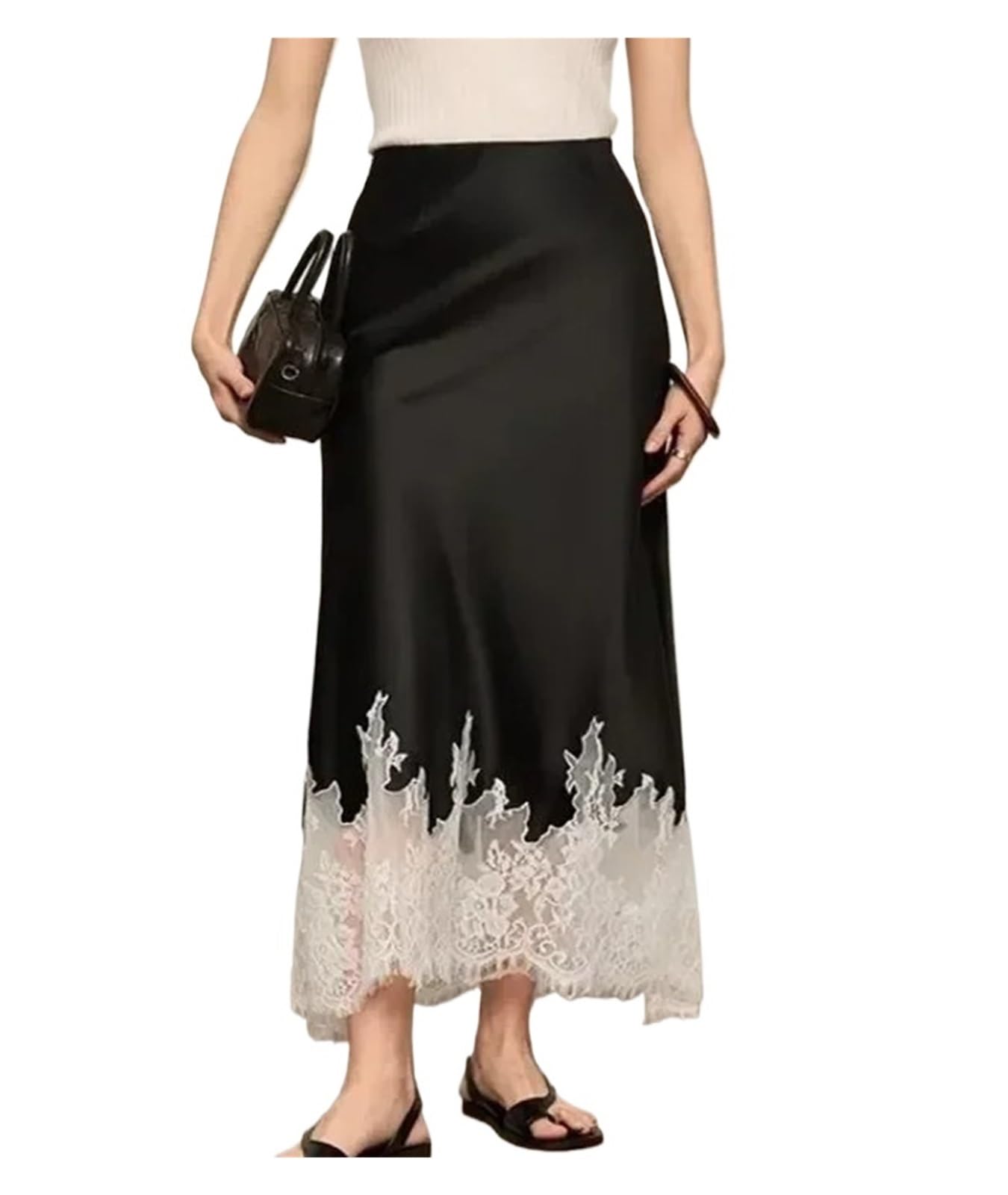 Gonna Satin Gonna Lunga Elegante in Raso for Donna, Gonna Lunga con Orlo in Pizzo Patchwork, Gonna da Donna di Temperamento