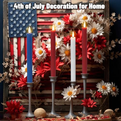 Image of Wondise Patriotic Candles Flameless Taper Candles with Remote & Timer, Red White and Blue Candles Battery Operated 3D Wick Real Wax LED Flag Candles for Independence Day Decoration
