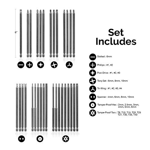 Neiko 10224A Extra Long Security Power Bit Set, 32 Piece | 1/4