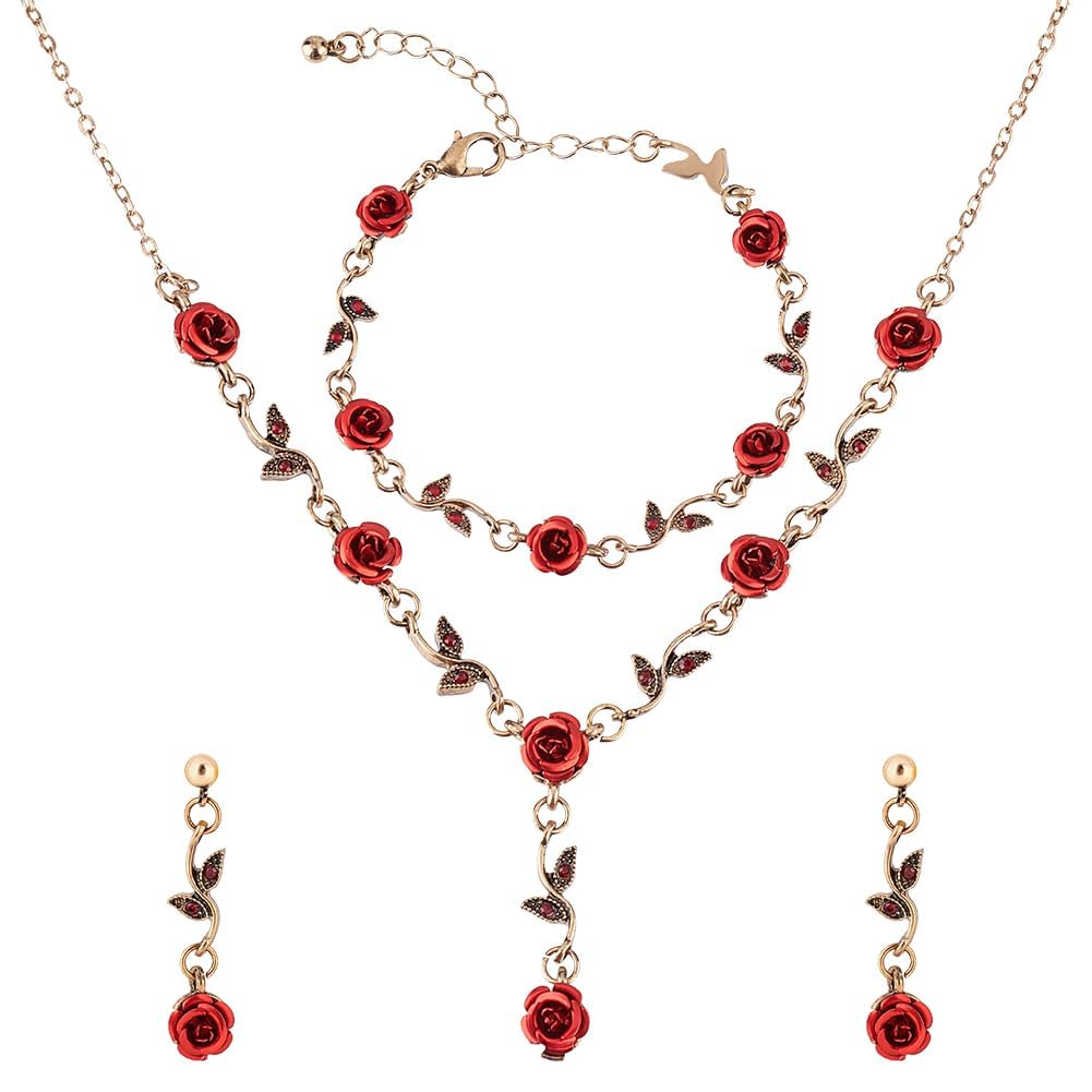 3Pcs Red Rose Jewelry Set Vintage Flower Jewelry Dangle Set Rose Blossom Necklace Earrings Bracelet Romantic Wedding Birthday Prom Valentine's Day Jewelry for Woman-image-13