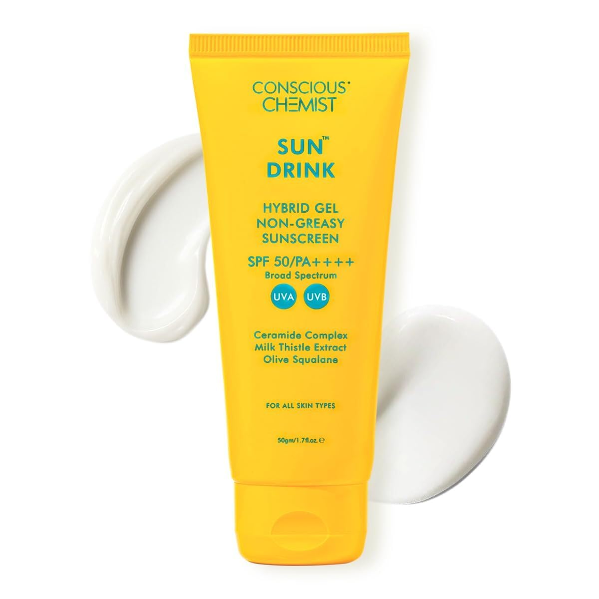 Conscious Chemist® Sunscreen SPF 50 PA++++ In-Vivo Tested | 50g | Sun Cream with Hyaluronic Acid, Ceramides, Milk Thistle Extract & Olive Squalane, Sunscreen for Oily Skin, Gel Sunscreen, All Skin Types – Sun Drink