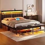 Rolanstar Full Bed Frame with Charging Station & LED Lights, Upholstered Headboard with Storage Shelves, Heavy Duty Metal Slats, No Box Spring Needed, Easy Assembly,Grey
