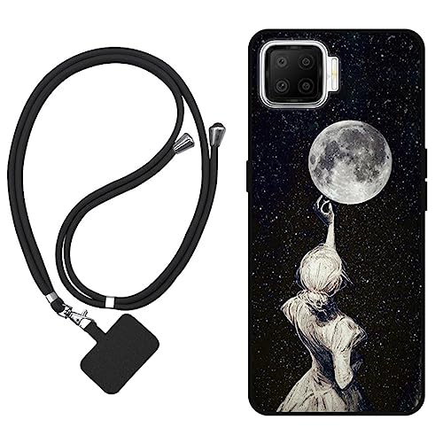 Sunrive Funda Compatible con OPPO A73 2020,Slim Fit Gel Mate Carcasa Case Bumper de Impactos y Anti-Arañazos Espalda Cover (Sombra de Espalda,Luna,Estrellas)+1 X Correa Universal