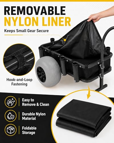 Image of PYY Beach Fishing Cart - 550LB Load Capacity Fishing Cart with Reinforced Frame, 13 inch Big Wheels PU Balloon Tires for Sand, Fishing Wagon with 7 Rod Holders, Foldable Bucket for Beach, Lake (Black)