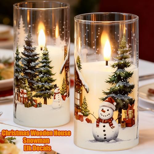 Image of GenSwin Christmas Flameless Candles with Remote Timer, Set of 2 Christmas LED Glass Battery Operated Candles with Cedar, Snowman, Reindeer, Snowy House Decals for Holiday Winter Home Decor(D3 inch x H6 inch)