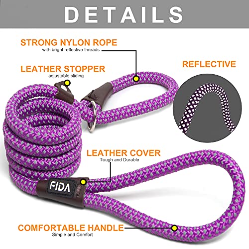 Fida Durable Slip Lead Dog Loop Leash, 6 Ft X 1/2" Heavy Duty , Comfortable Strong Rope Leash For Large, Medium Dogs, No Pull Pet Training Leash With Highly Reflective, Purple #TOP1