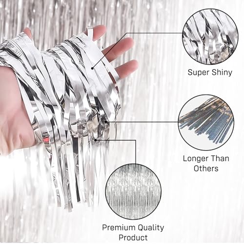 Image of Party Propz Silver Foil Curtain for Decoration - 3 Pcs (3ftx6ft) Silver Curtain for Birthday Decoration | Fringe Curtains for Decoration | Foil Curtains for Birthday Decoration | Foil Fringe Curtain