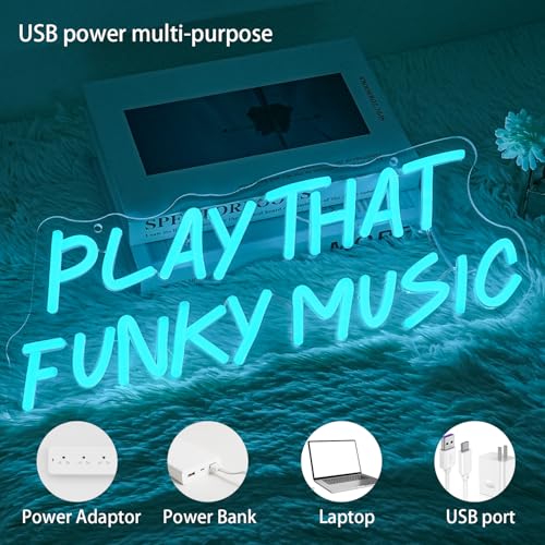 Image of Play That Funky Music Neon Sign for Wall Decor, Dimmable Blue Letter Neon Light, USB Powered LED Light Sign for Bedroom Club Party Bar Men Cave Music Room